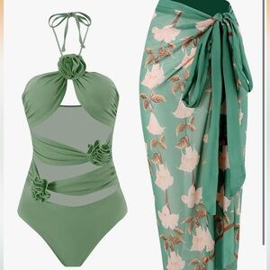 Elegant Green One-Piece Swimsuit and Sarong Set